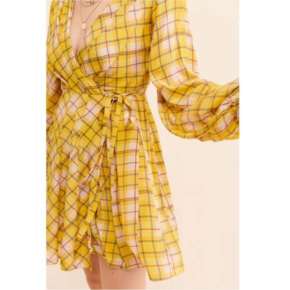 ROCOCO SAND 90s Tartan Plaid Puff Long Sleeve
V-Neck Wrap Pleated Mini Dress S - Picture 4 of 7